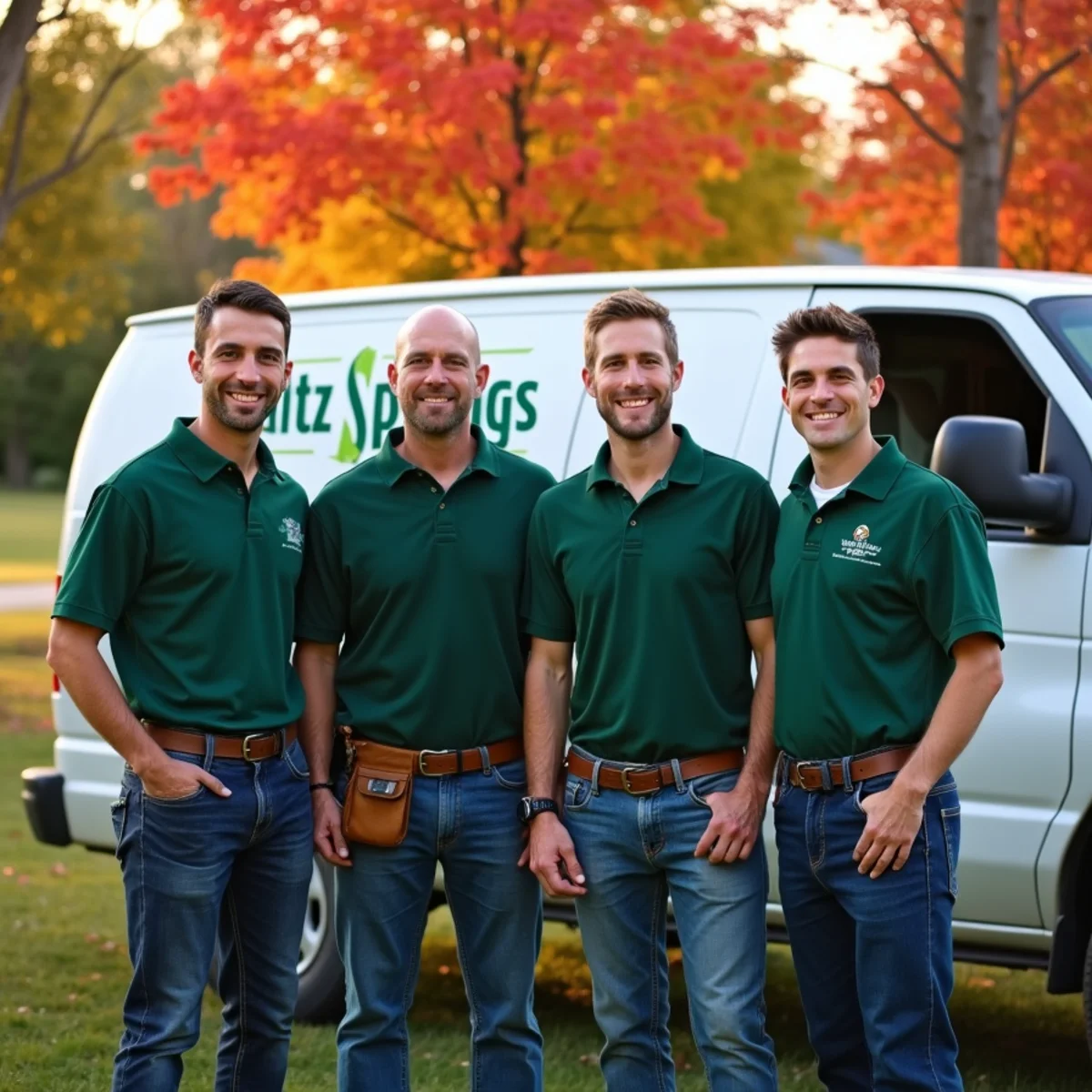 Lititz Hometown Plumbing crew standing beside their branded service van in front of Lititz Springs Park