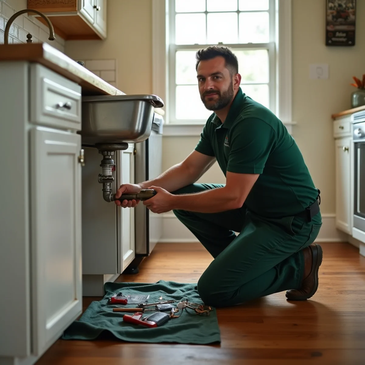 Licensed plumber repairing pipes under a kitchen sink in a Lititz, PA home