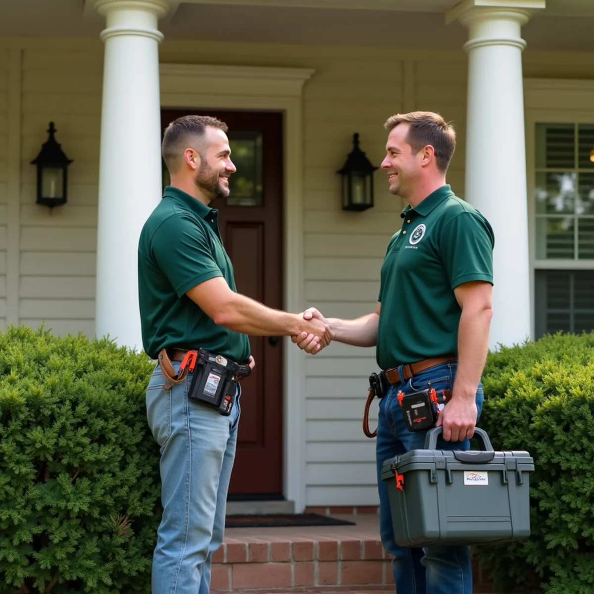 Satisfied homeowner shaking hands with a Lititz Hometown Plumbing technician after a completed repair